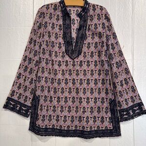 Tory Burch Navy and Pink Printed V-Neck Tunic